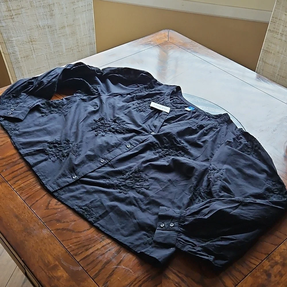 Old Navy Black Button Front Embroidered Cotton Blouse XL NWT - Picture 14 of 16